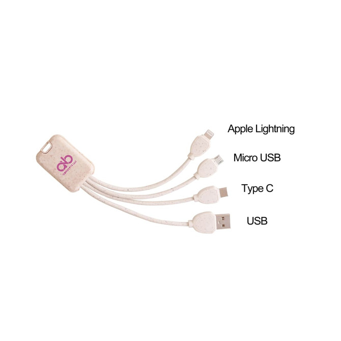 A square-shaped wheat straw charging cable in beige, featuring Apple Lightning, Micro USB, Type C, and USB connectors.