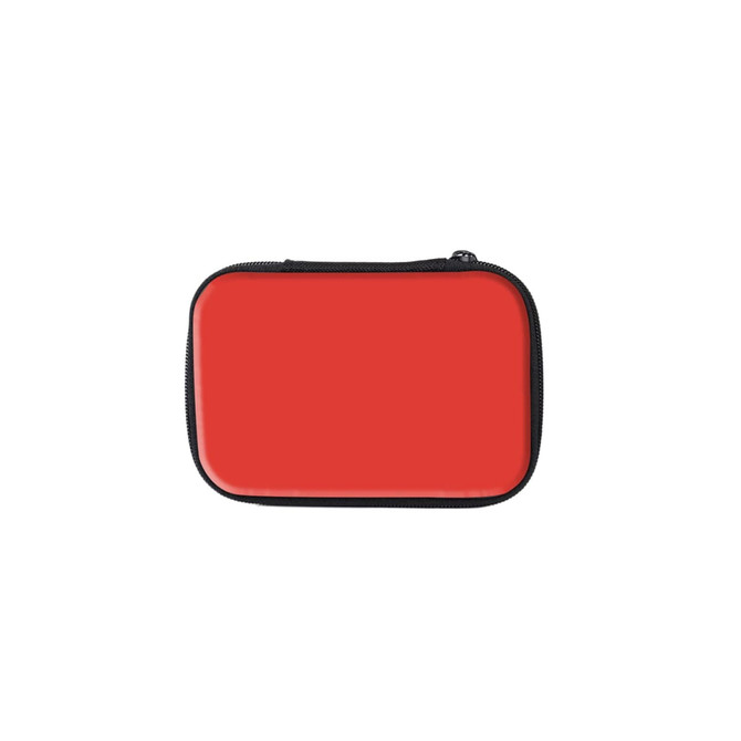 A red medium zipper case with a black zipper, featuring a simple design and a logo.