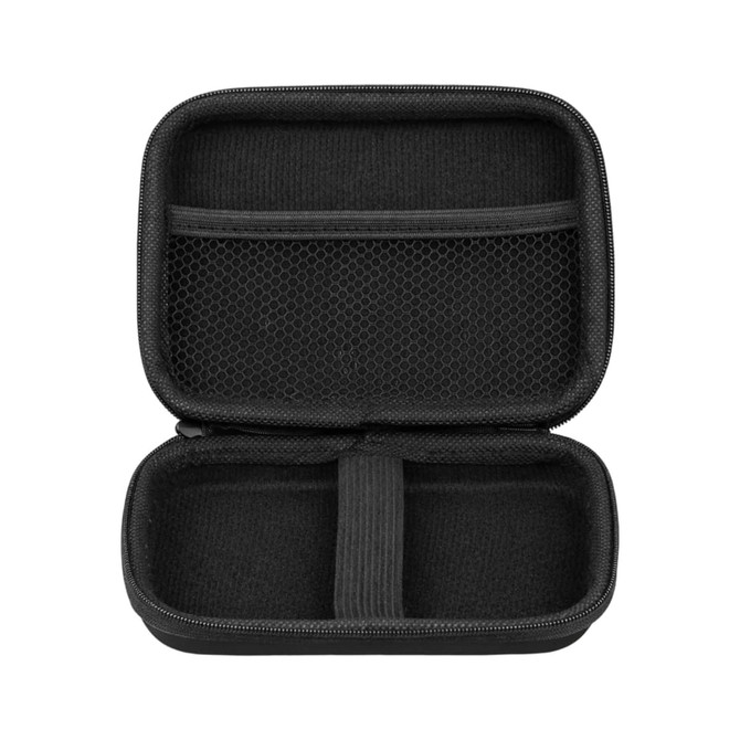 A large black zipper case with a mesh pocket and an elastic strap, featuring a double compartment design.