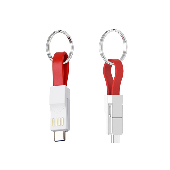 A magnetic charging cable in red, featuring a keyring attachment and a white connector, with logos present.