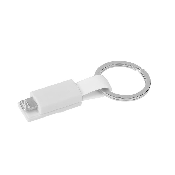 A white magnetic charging cable with a keyring attachment. The design is compact and includes a connector.