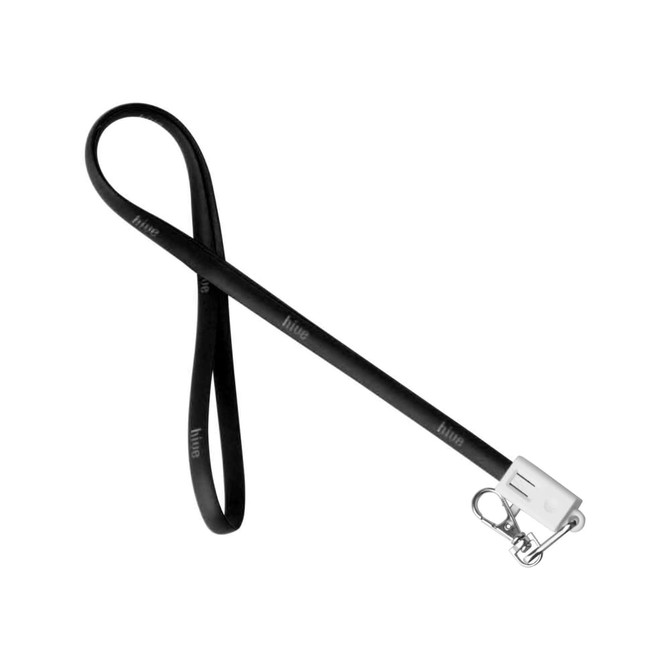 A black TPE lanyard charging cable with a silver clip on one end and branding along its length.