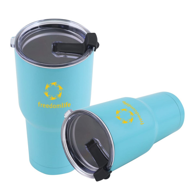 A drink bottle featuring a blue double wall stainless steel tumbler with a lid and a logo. Two tumblers are displayed.