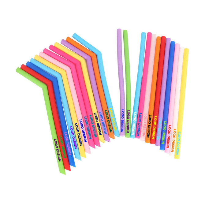 A collection of reusable silicone straws in various vibrant colours, arranged at different angles with branding.