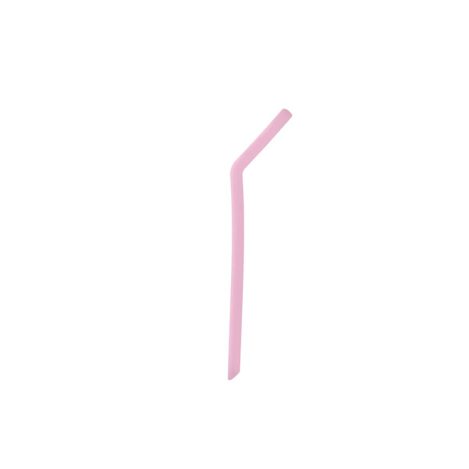 A pink reusable silicone straw with a flexible design, suitable for various drinks. The straw has a logo.