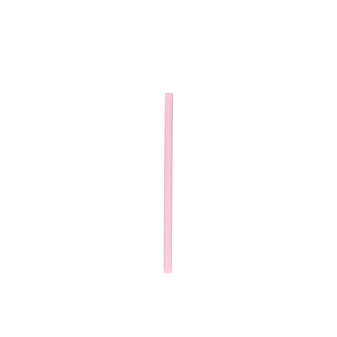 A reusable silicone straw in a soft pink colour, featuring a smooth design and a logo.