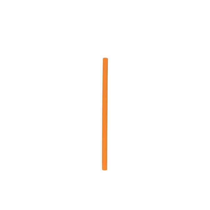 An orange reusable silicone straw with a smooth surface, featuring a small logo on one end.