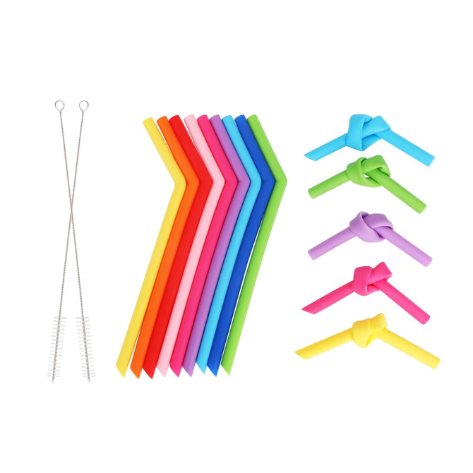 A collection of reusable silicone straws in various colours, with two cleaning brushes included.