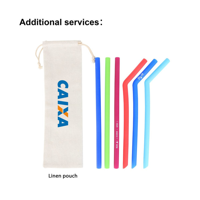 A linen pouch containing four reusable silicone straws in blue, green, pink, and red.