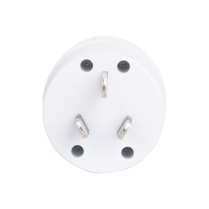 A white multifunctional AU travel adapter with three metal pins. It includes a branding logo on the surface.