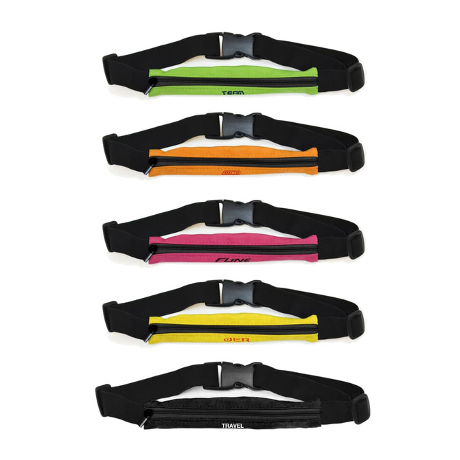 A range of running belts in vibrant colours including green, orange, pink, yellow, and black, with adjustable straps.