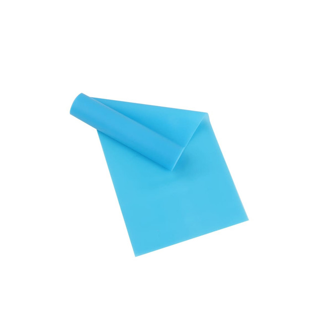 A blue latex-free TPE fitness resistance band, rolled and flat, designed for exercise and stretching.