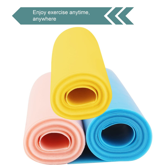 A collection of three fitness resistance bands in yellow, pink, and blue, featuring a branding logo.