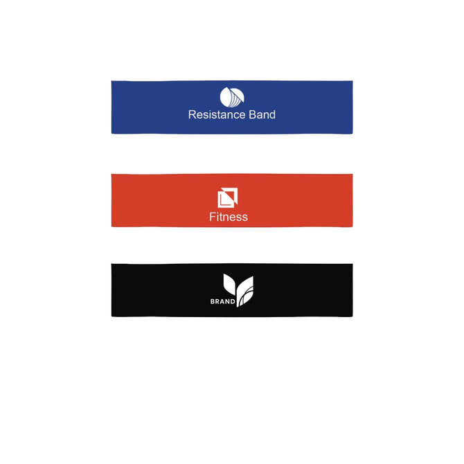 Three latex fitness resistance bands in blue, red, and black, each featuring a logo and text related to fitness.