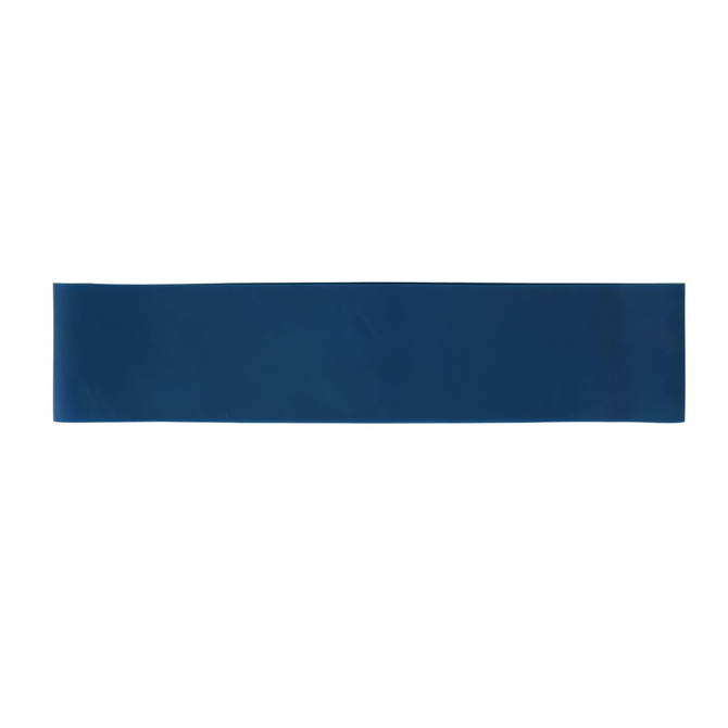 A blue latex fitness resistance band lies flat against a white background. It features a logo.