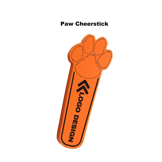 An orange cheerstick shaped like a paw, featuring a paw print design and a logo.