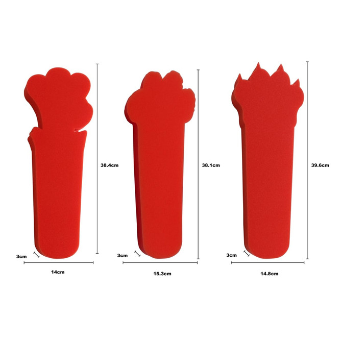 Three red sponge drink stirrers in different fun shapes, each with measurements displayed beside them.