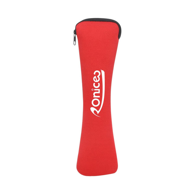 A red zippered pouch featuring a logo, designed to hold travel utensils.