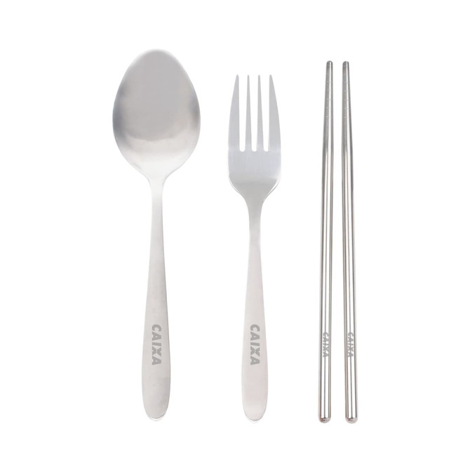 A stainless steel travel utensils set featuring a spoon, fork, and chopsticks, all with a polished finish.