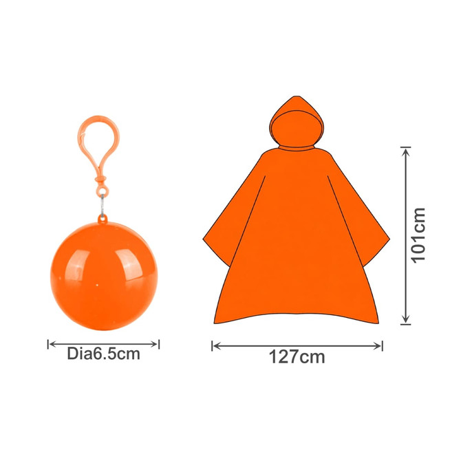 An orange rain poncho packaged as a ball, featuring a hook for attachment. The poncho unfolds to a large size.