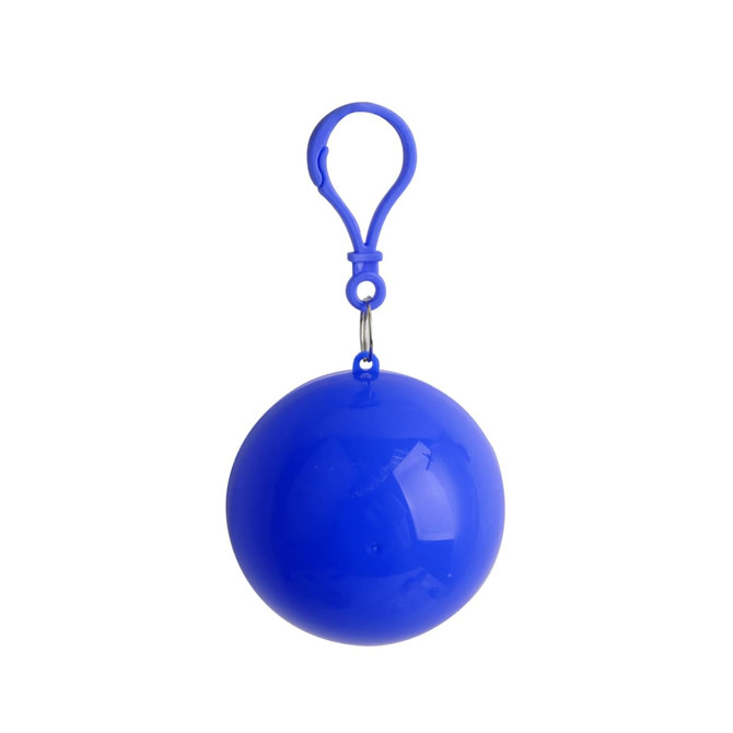 A blue ball with a clip attachment, designed to contain a rain poncho. It features a smooth, shiny surface.