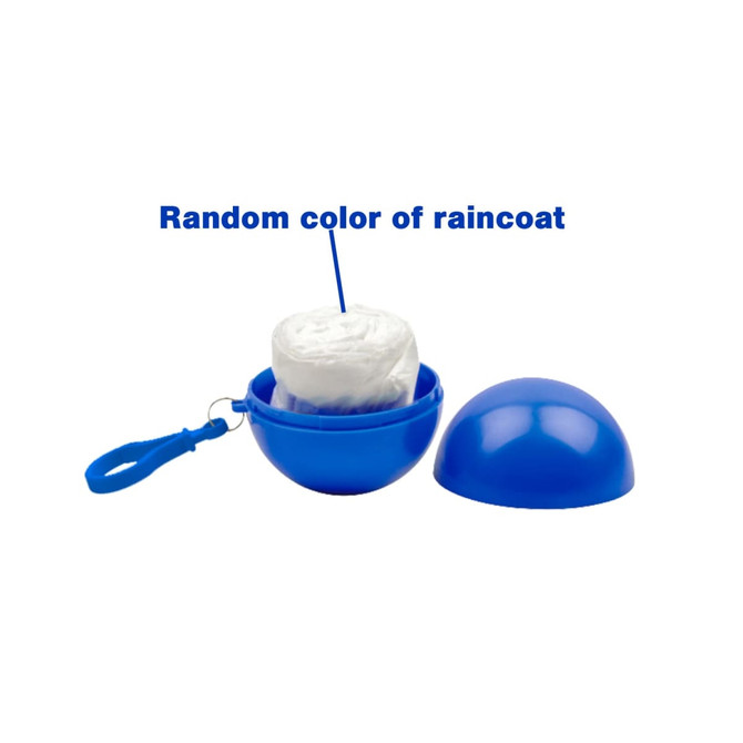A blue plastic ball containing a folded rain poncho in a random colour, with a loop for attachment.