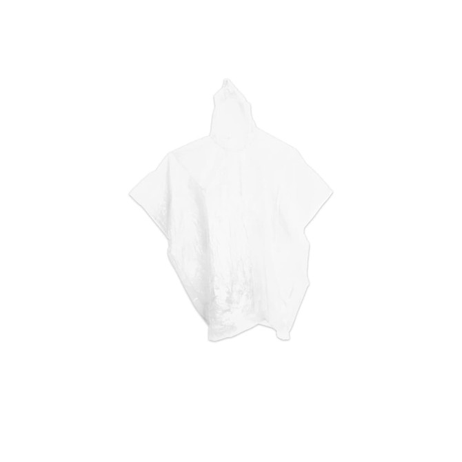 A white Handy Poncho with a hood displayed against a plain background. It features a branding logo.