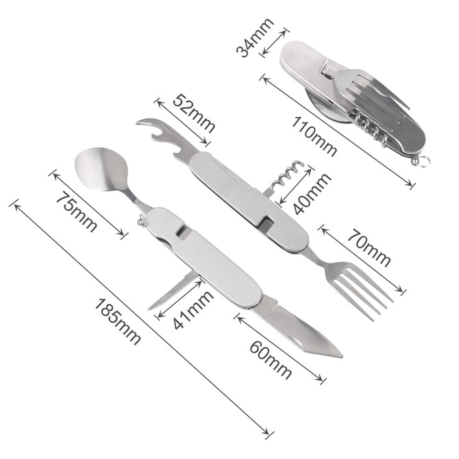 A stainless steel camping cutlery tool featuring a spoon, fork, knife, can opener, and corkscrew with a compact design.