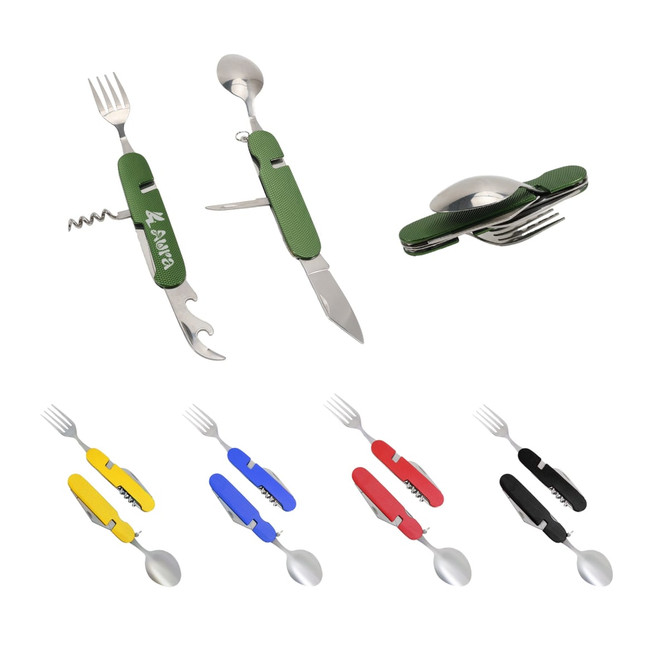A multi-coloured camping cutlery tool featuring green, yellow, blue, red, and black handles with stainless steel utensils.