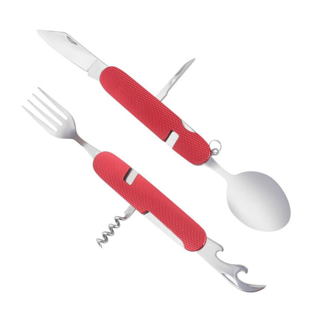 A multi-tool cutlery set in red, featuring a knife, fork, spoon, corkscrew, and bottle opener. Includes a logo.