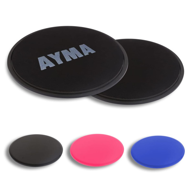 Two yoga sliding disks in black, pink, and blue colours, featuring a logo on the black disk.