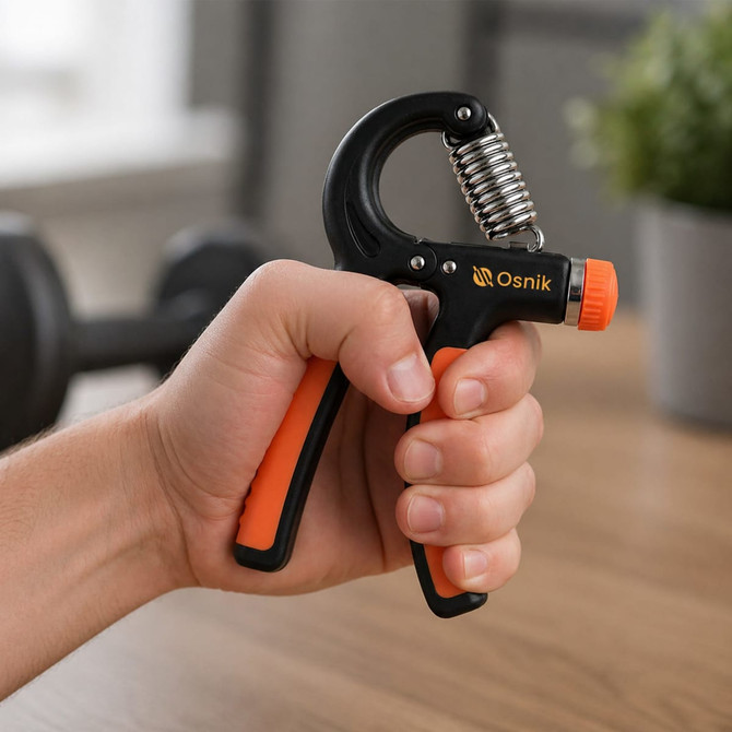 A black and orange adjustable hand grip with a spring mechanism, held in a hand, set against a blurred background.