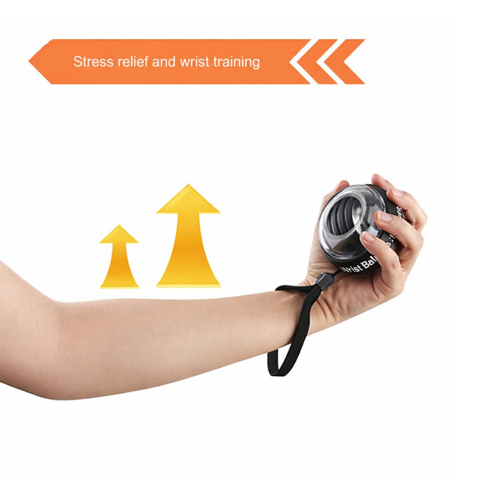 A black wrist ball with a strap in a hand, featuring a logo, designed for stress relief and wrist training.