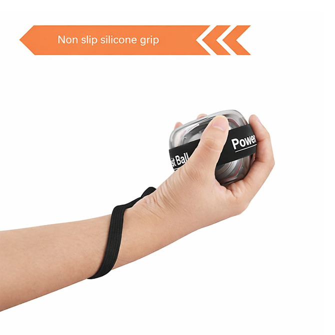 A transparent wrist ball with a non-slip silicone grip, held in a hand, featuring a black strap.