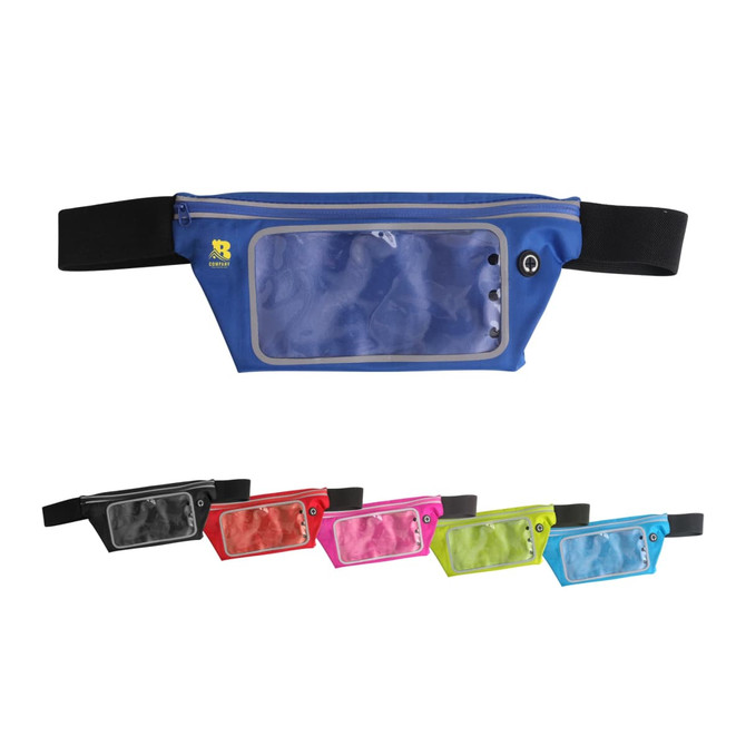 A blue waist bag with a transparent front pocket, accompanied by red, pink, black, and green variations. Features a logo.