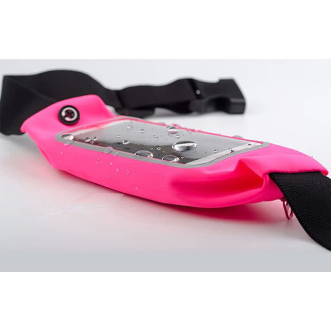 A pink waist bag features a clear, water-resistant compartment and a black strap for securing around the waist.