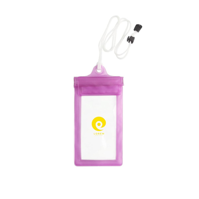 A waterproof phone bag in purple with a neck string and a logo. Ideal for protecting devices from water.