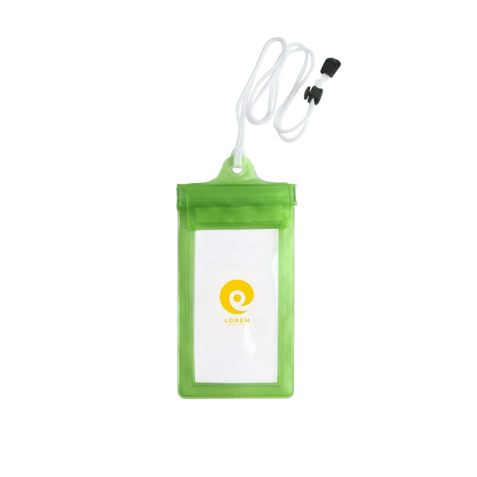 A waterproof phone bag in bright green, featuring a neck string and a logo. Suitable for keeping items dry.