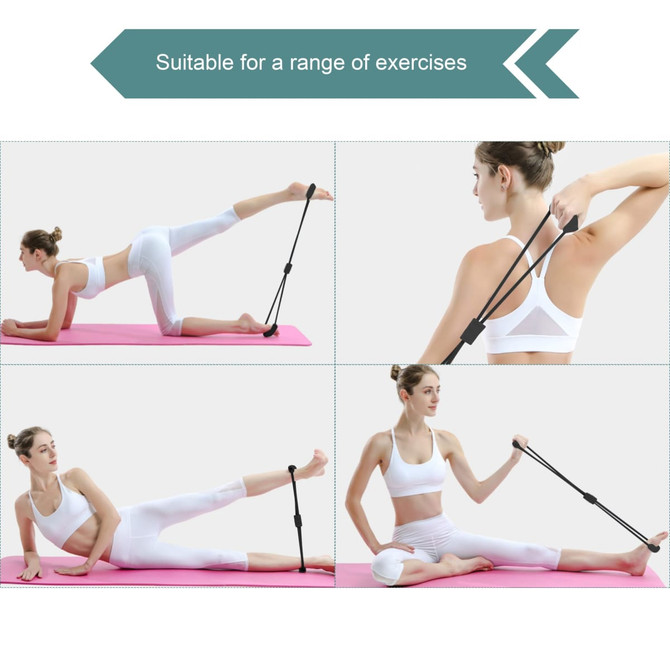 A Figure 8 resistance band with handles, featuring black bands and flexible rubber, displayed in a variety of exercise positions.