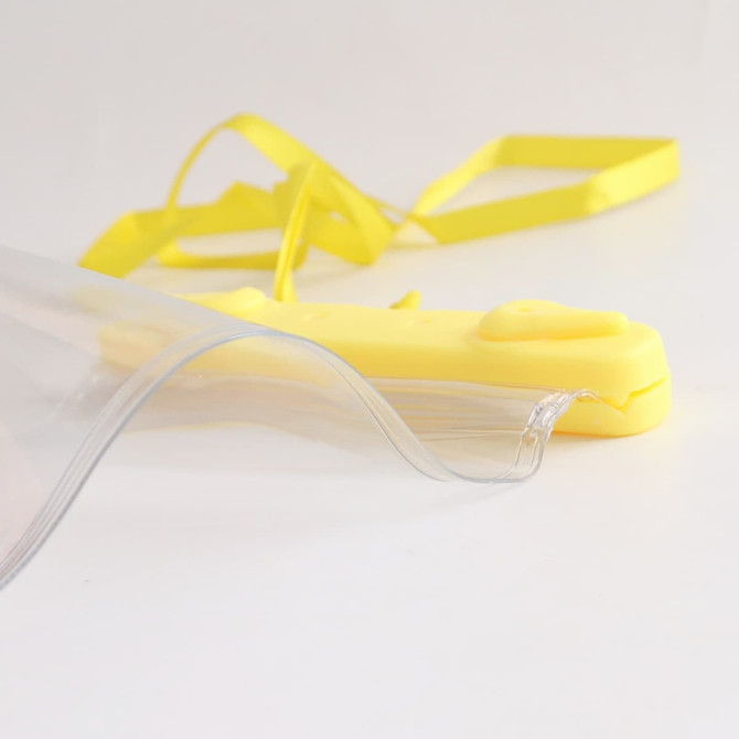 A clear waterproof mobile pouch with yellow straps and a yellow closure mechanism.