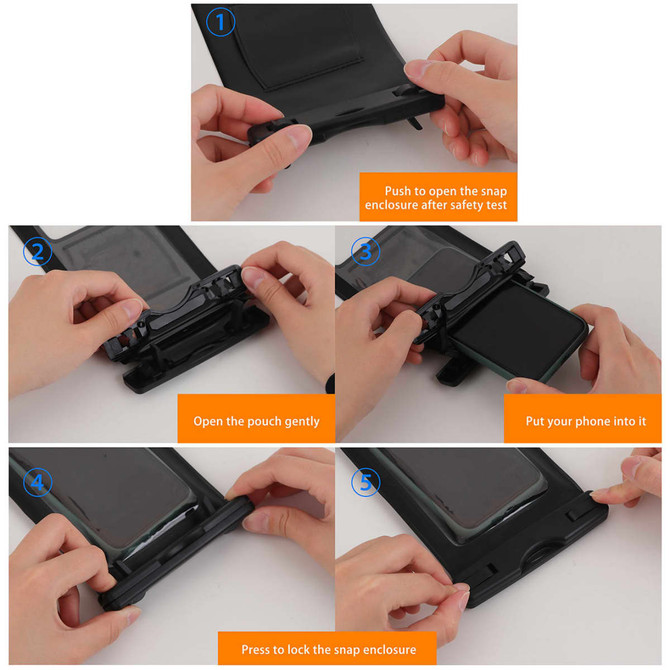 A waterproof phone bag in black, featuring a snap enclosure and holder for a mobile device.