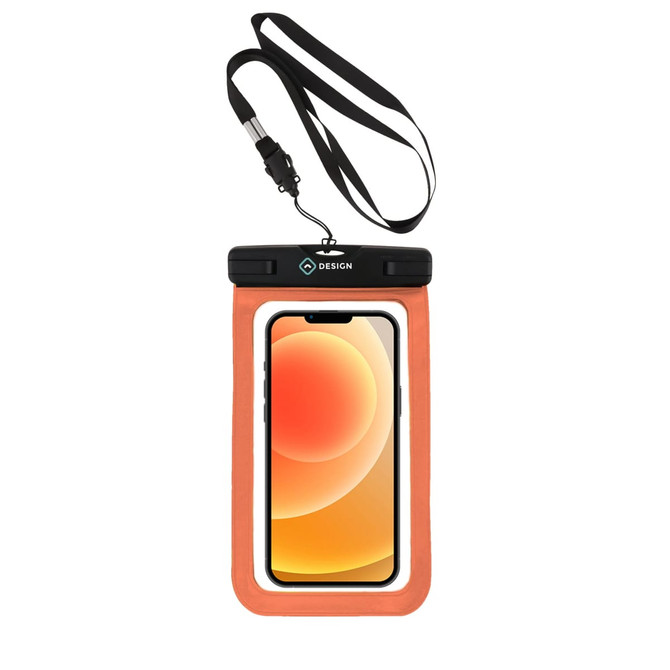A waterproof phone bag in orange with a black strap, featuring a phone display inside and a logo.