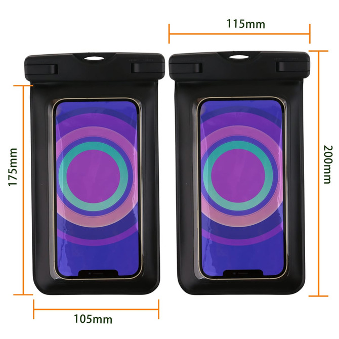 A waterproof phone bag in black, featuring dimensions and a transparent front for touchscreen access.