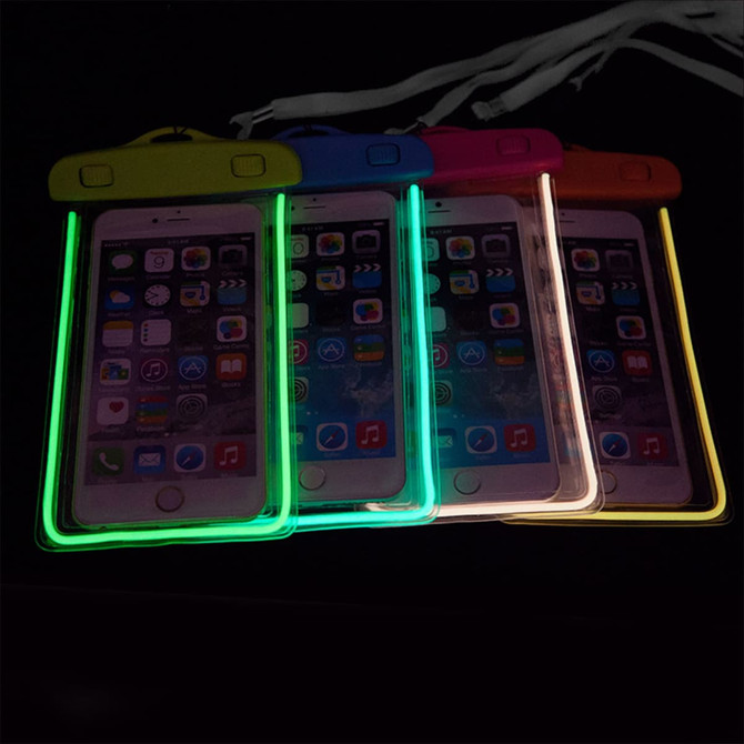 Four waterproof phone bags in vibrant colours, featuring fluorescent outlines and interlocking closures, each holding a phone.
