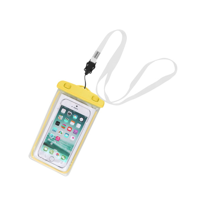 A waterproof phone bag in yellow with a transparent cover and a white strap, featuring a logo on the front.