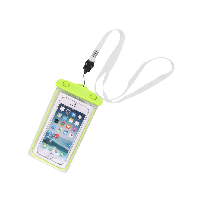 A waterproof phone bag in fluorescent green with a transparent cover and a white lanyard for carrying.
