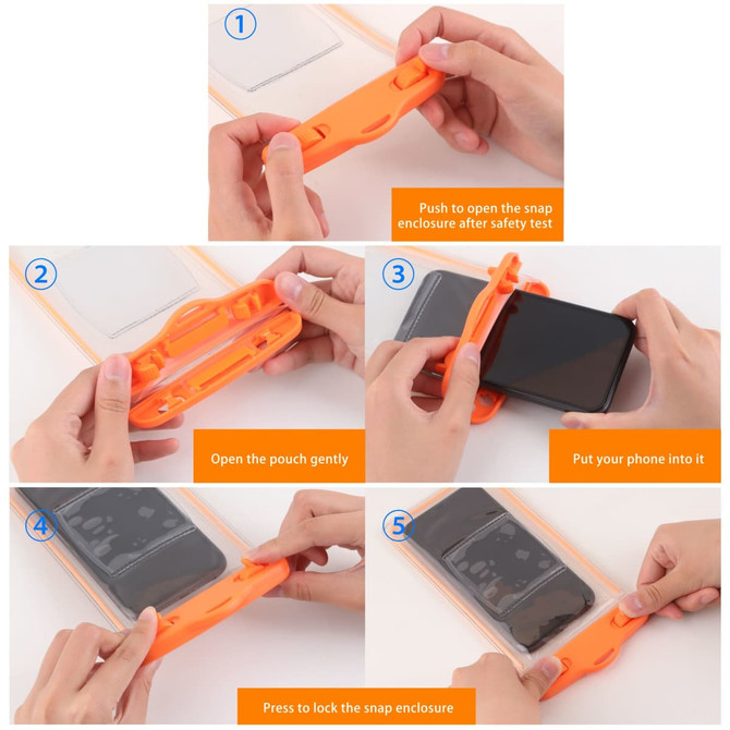 A waterproof phone bag in orange, demonstrating a snap enclosure with steps for securing a phone inside.