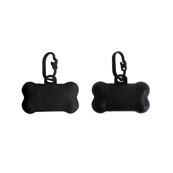 A black, bone-shaped pet waste bag dispenser with a clip for easy attachment. It features a smooth surface and rounded edges.