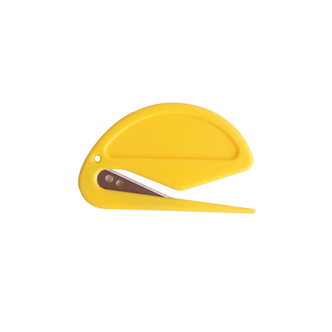 A yellow letter opener with a curved design and a pointed blade, featuring a hole for easy handling.