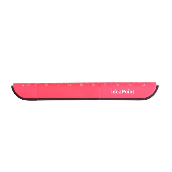 A pink multifunctional scissors tool with a ruler feature, featuring a logo on the surface.